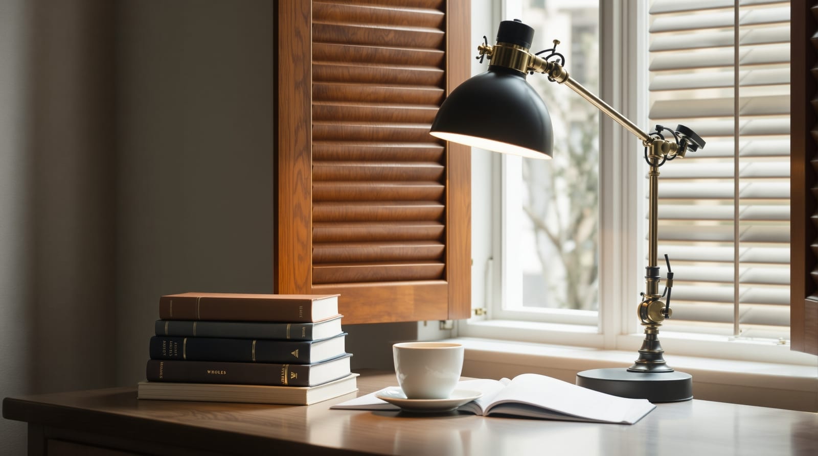 A reading desk with books and a brass lamp beside a tall window