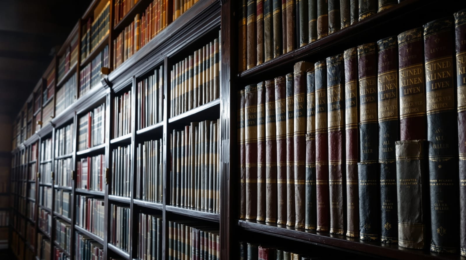 A wall of uniformly bound volumes on dark library shelving