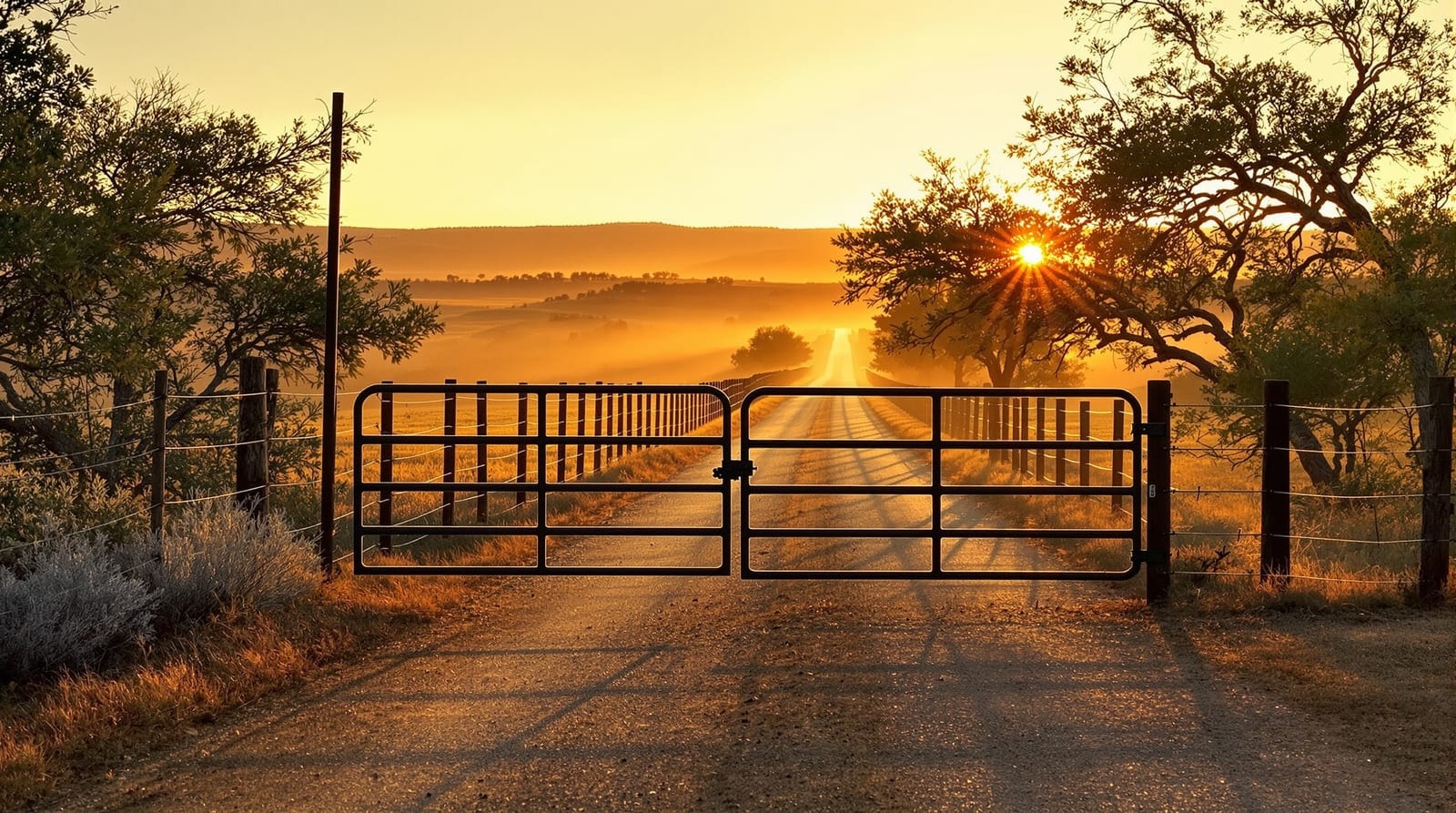 A ranch gate and long fence line at sunrise in the Texas hill country