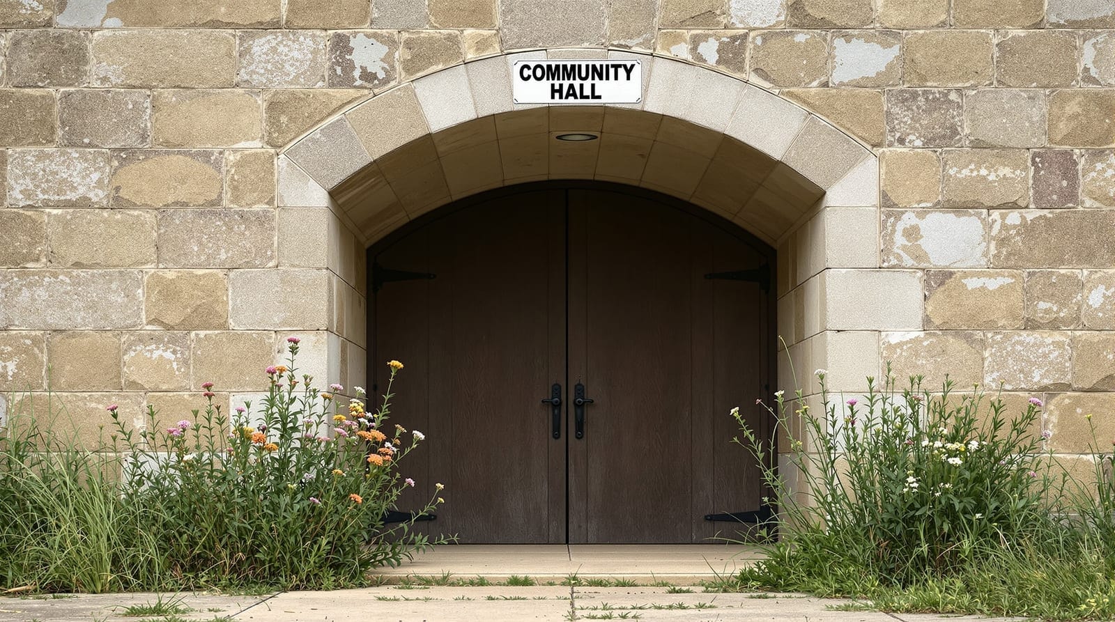 A limestone community hall doorway with wildflowers at the threshold