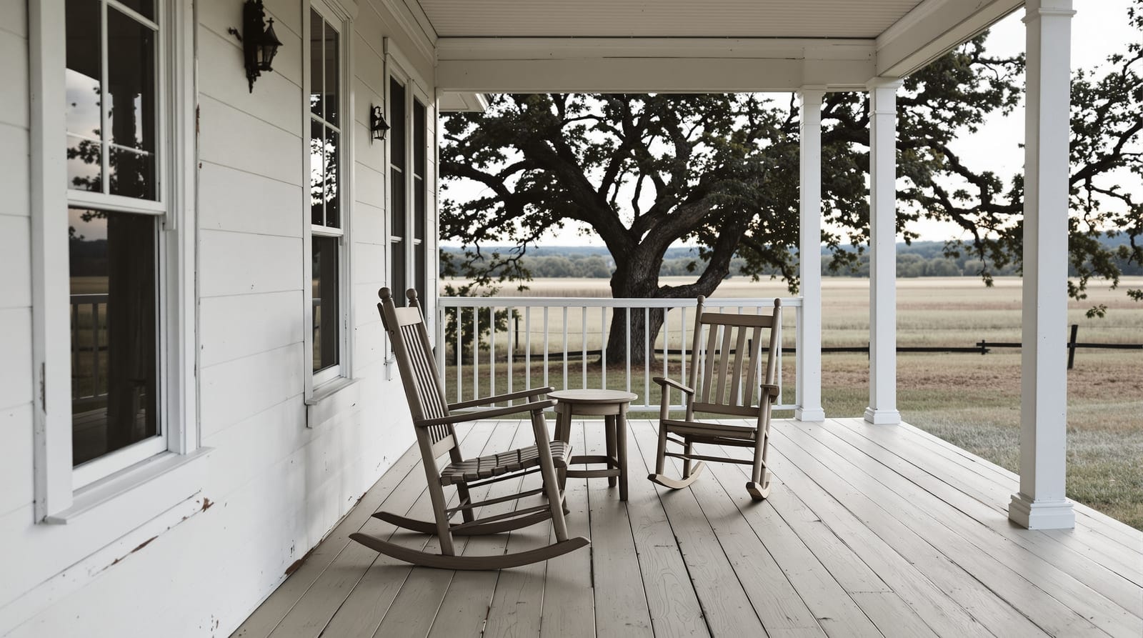Two empty rocking chairs on a Texas farmhouse porch in morning light