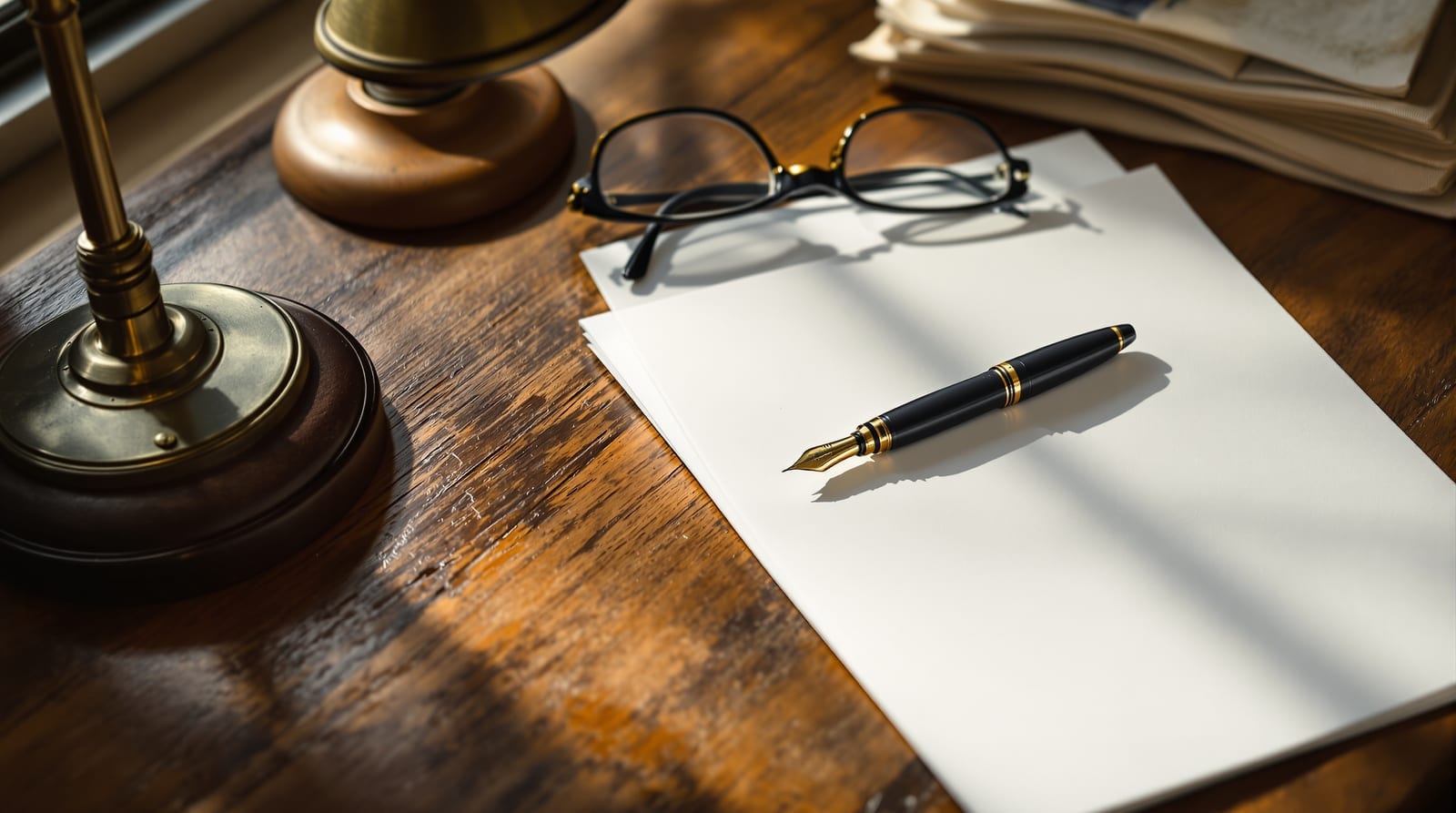 A fountain pen and reading glasses on a writing desk in morning light