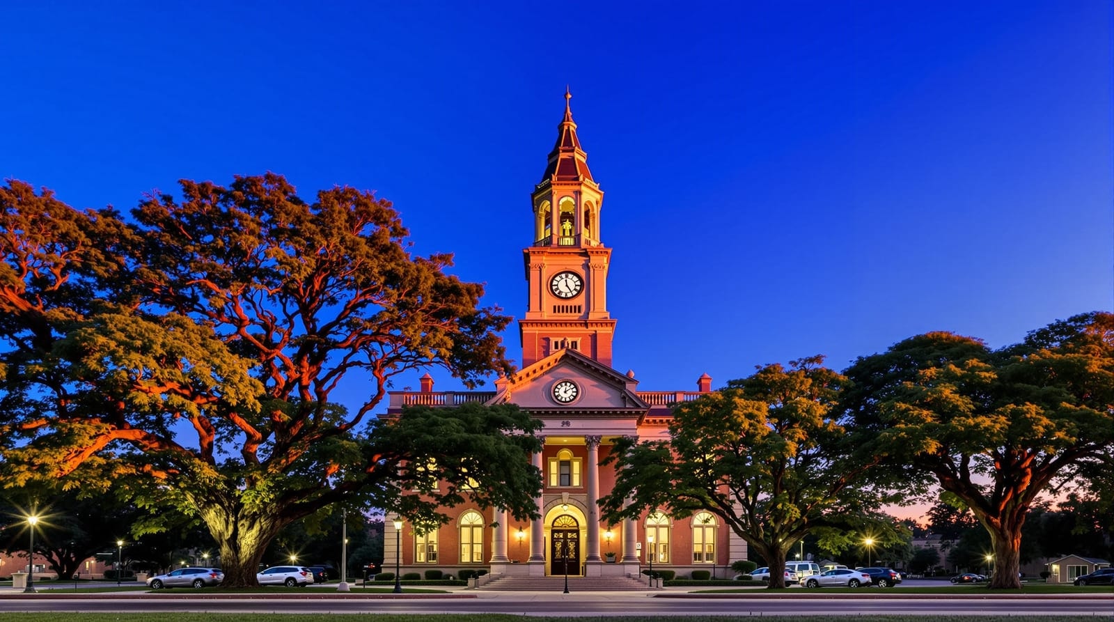 A historic Texas county courthouse at golden hour, framed by live oaks
