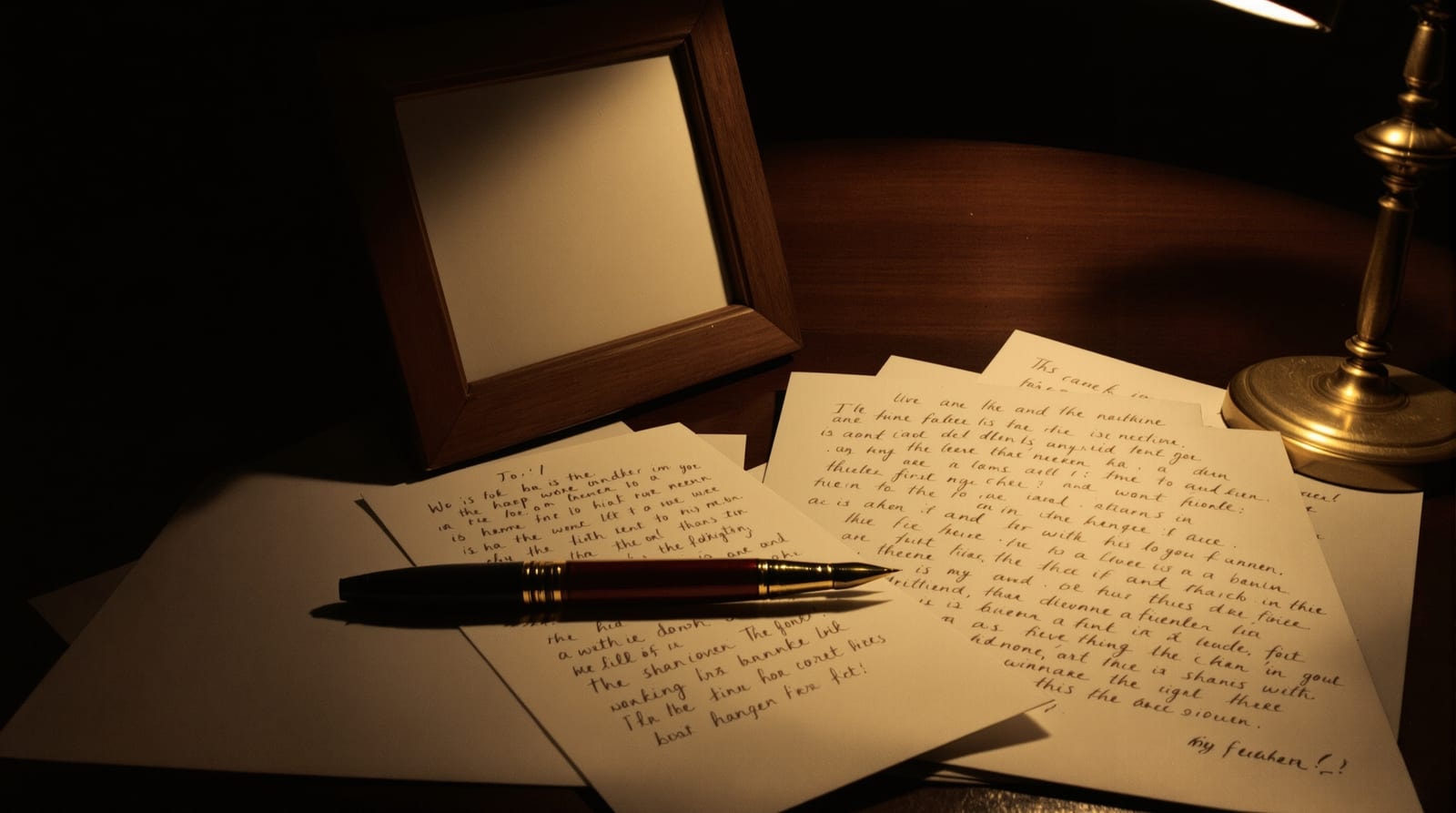 Handwritten pages and a lamp on a writing table at night