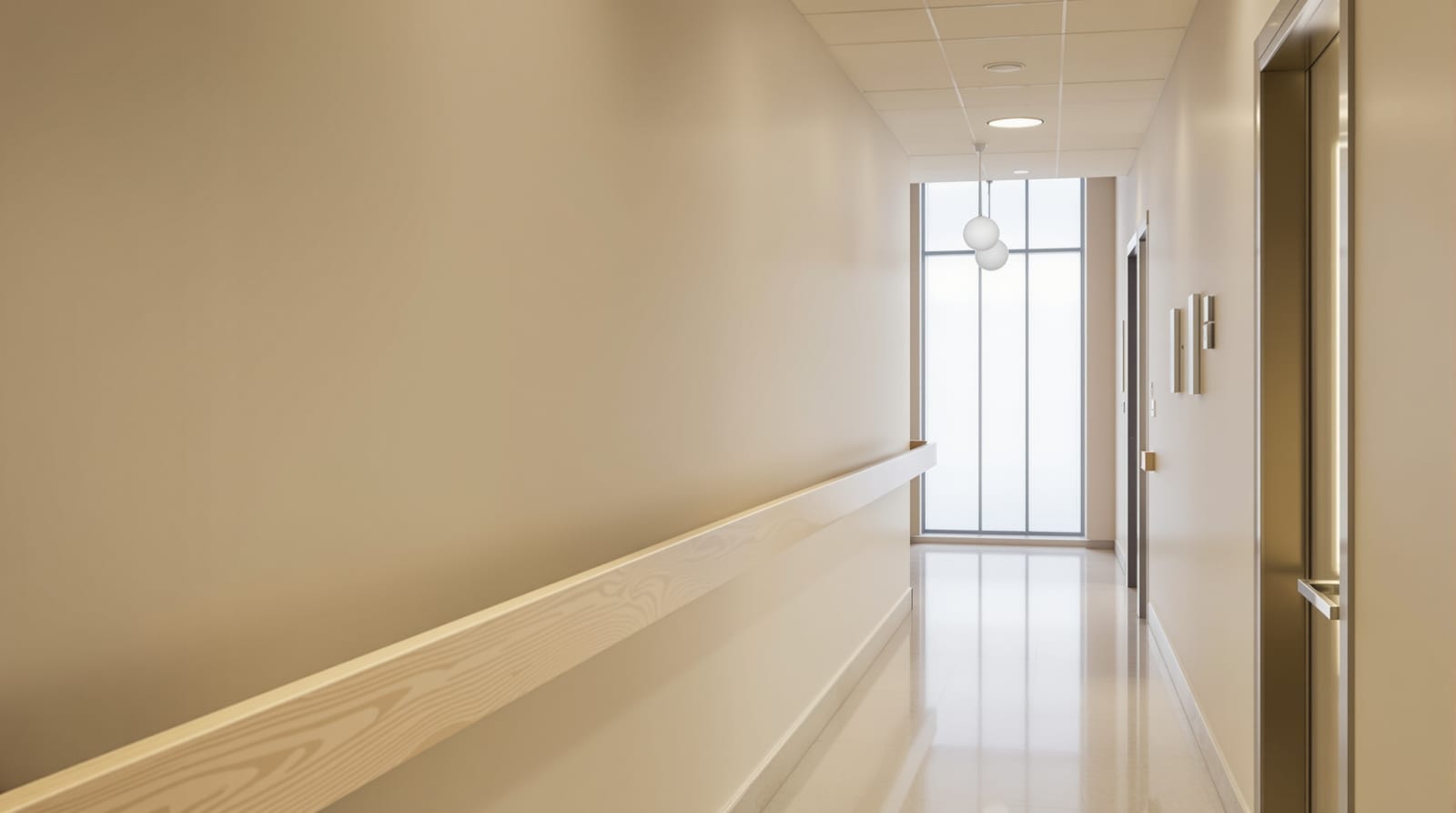 A bright care facility corridor with a window at the far end