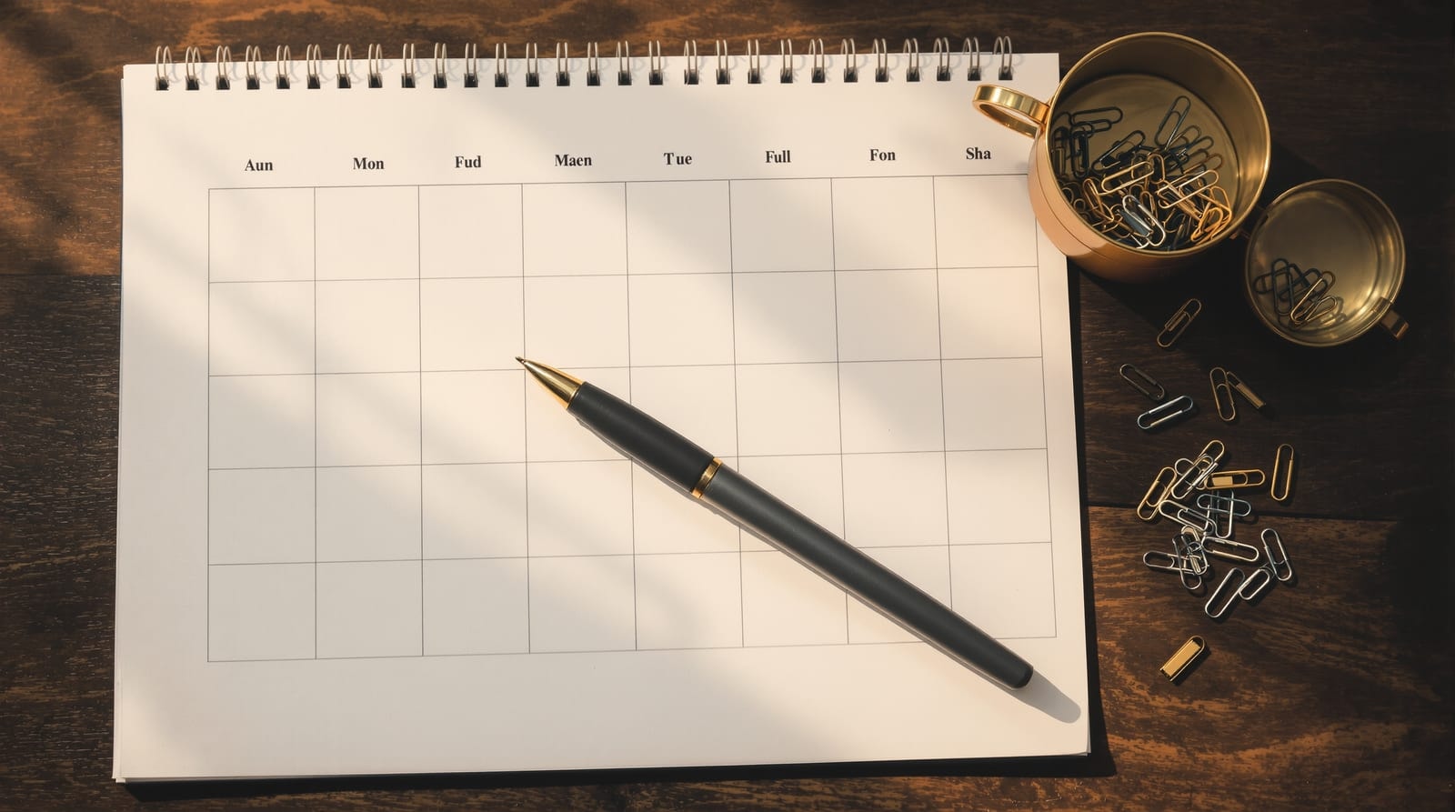 A desk calendar with a pen and scattered paperclips, seen from above