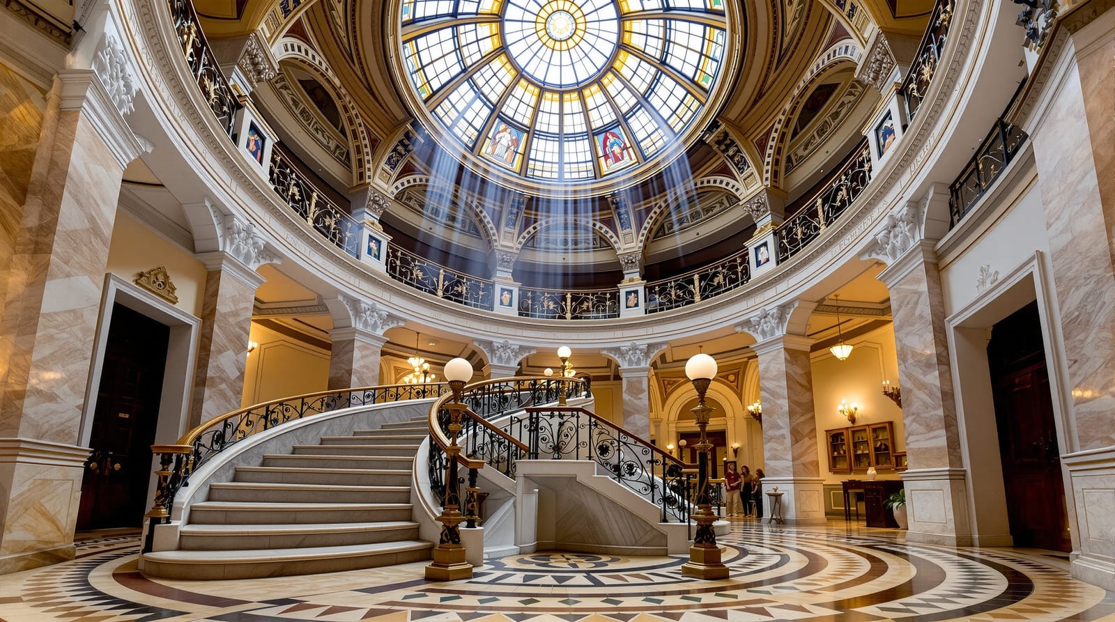 The marble staircase and dome of a historic Texas courthouse rotunda