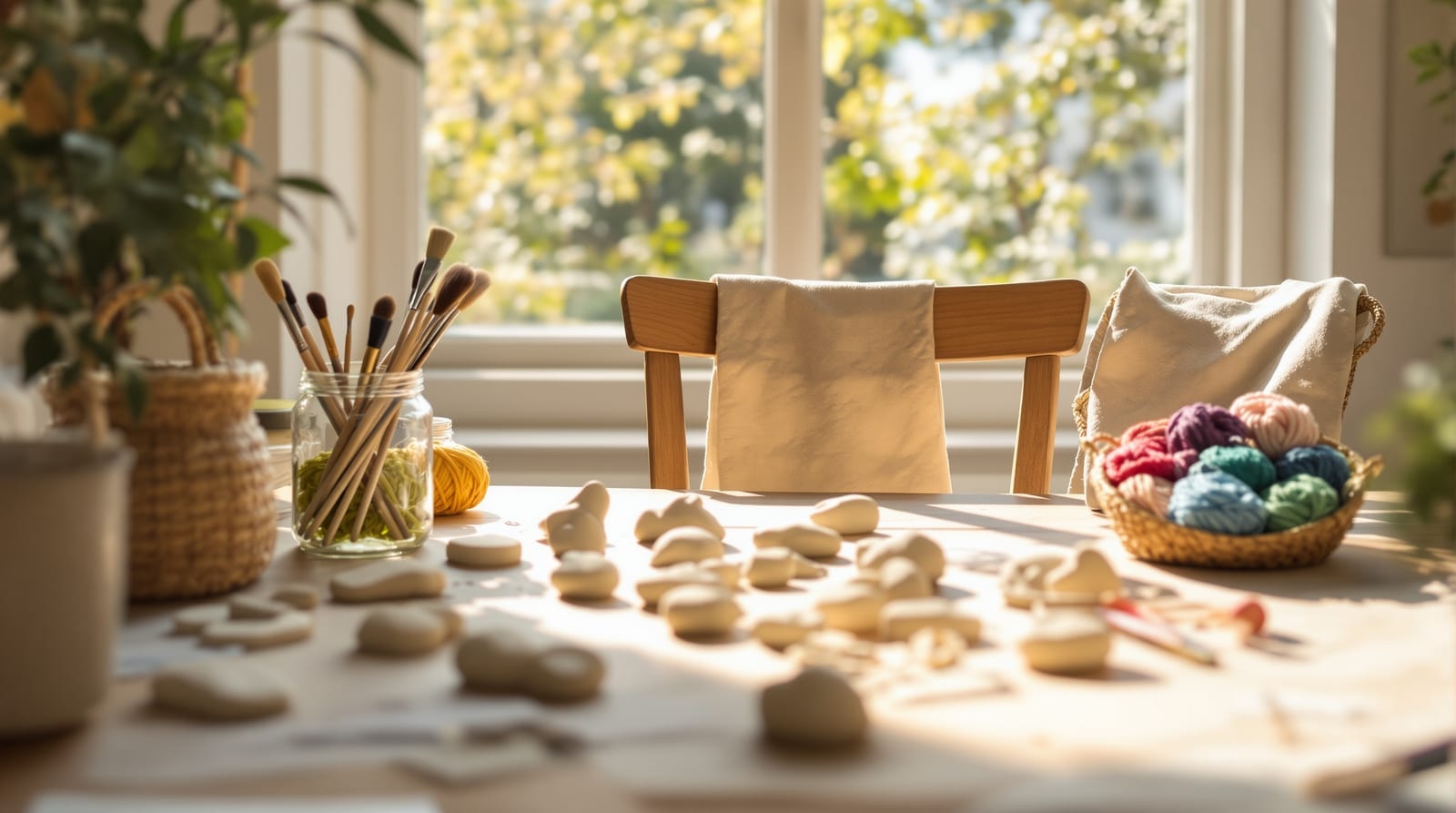 A sunlit craft table with clay, brushes and a basket of yarn