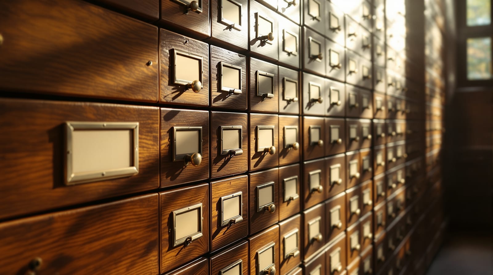 Sunlight falling across a bank of antique oak filing drawers