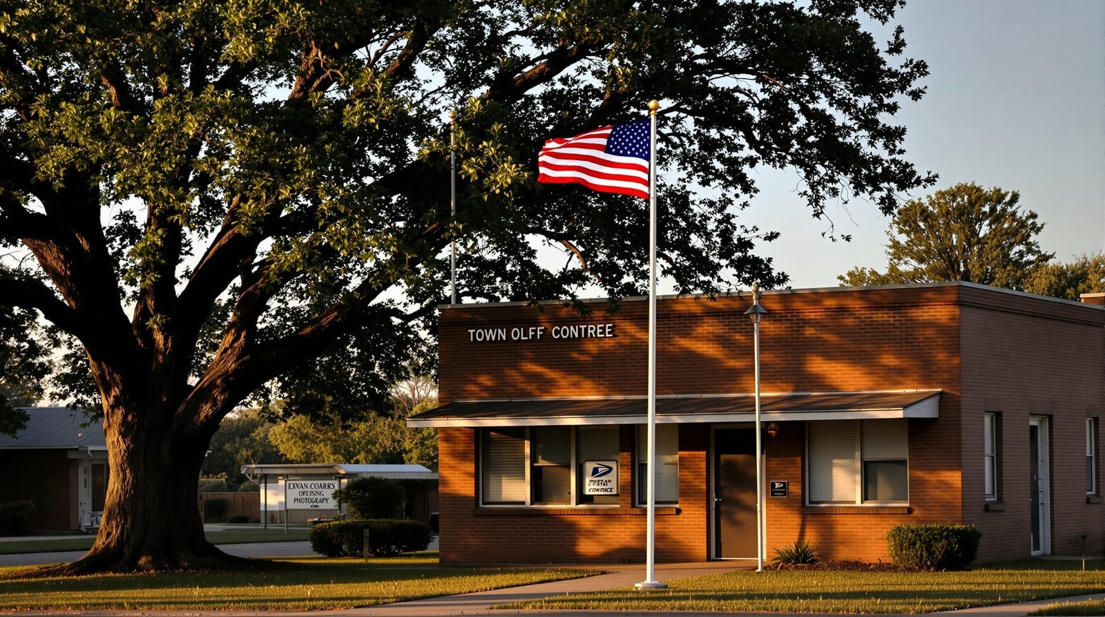 An American flag outside a small-town Texas building at dawn